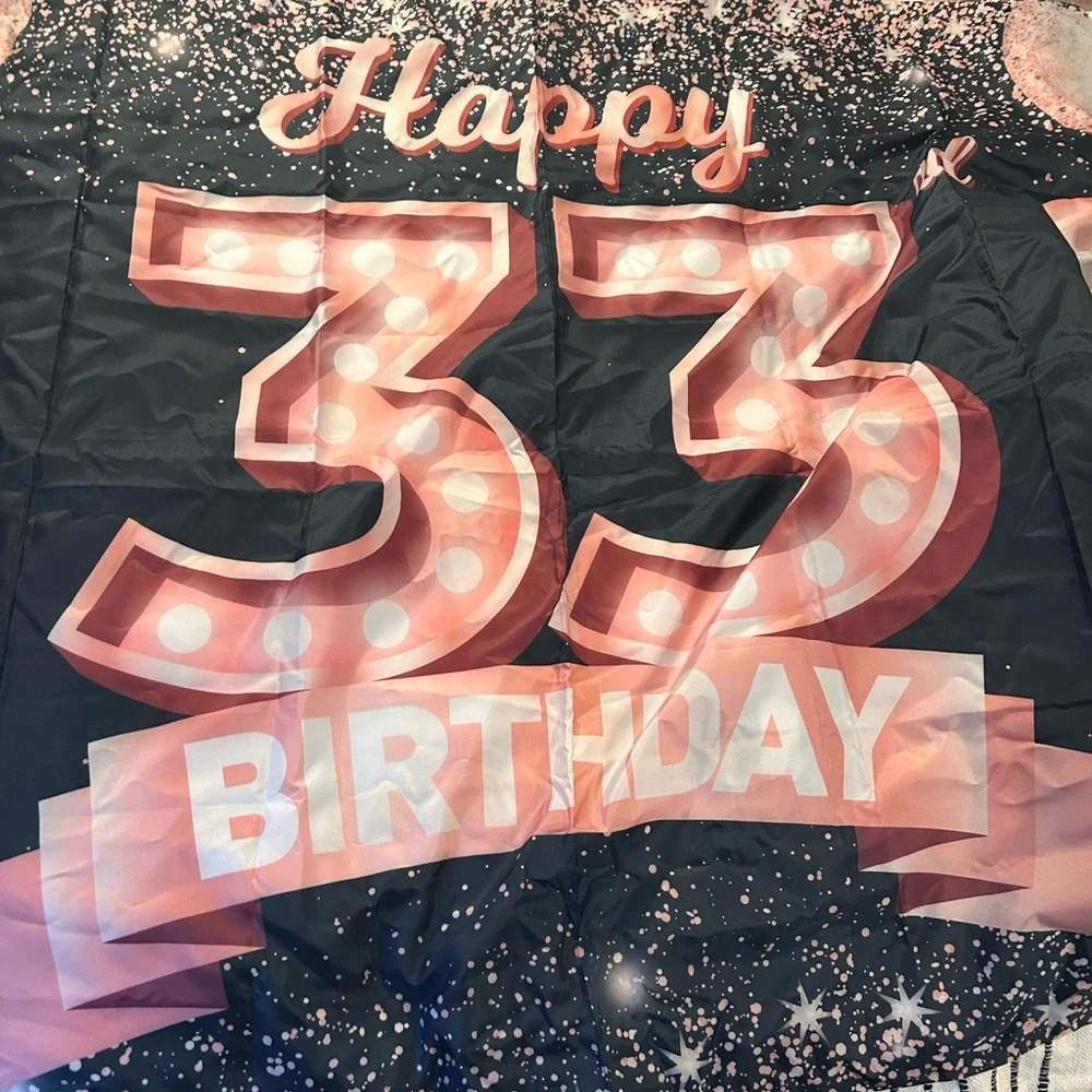 Happy 33rd Birthday Backdrop - Pink and Black Party Decoration